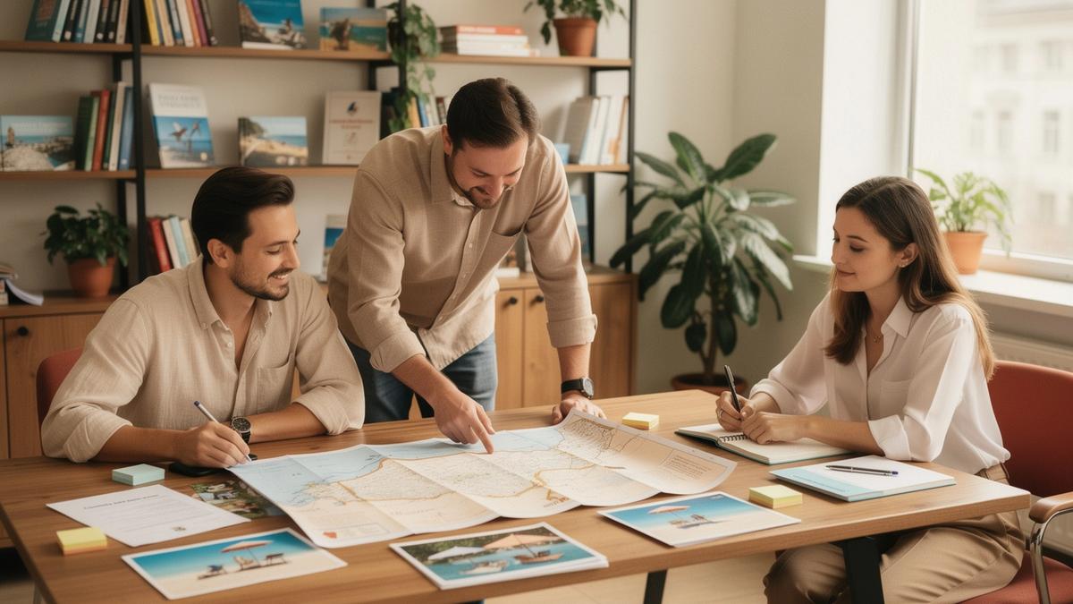 Three planners from the Kyiv team reviewing family resort notes and beach photos at a shared desk
