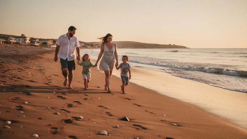 Parents and young children walking along a sandy Turkish beach at golden hour
