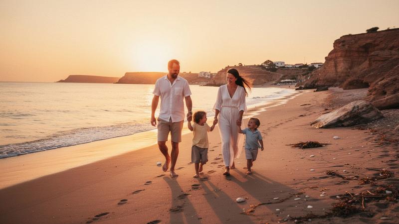 A family walking along a sandy beach at sunset in Turkey
