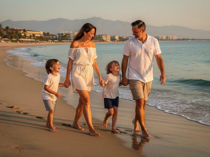 Family with two children walking on a calm sandy beach in Turkey at golden hour