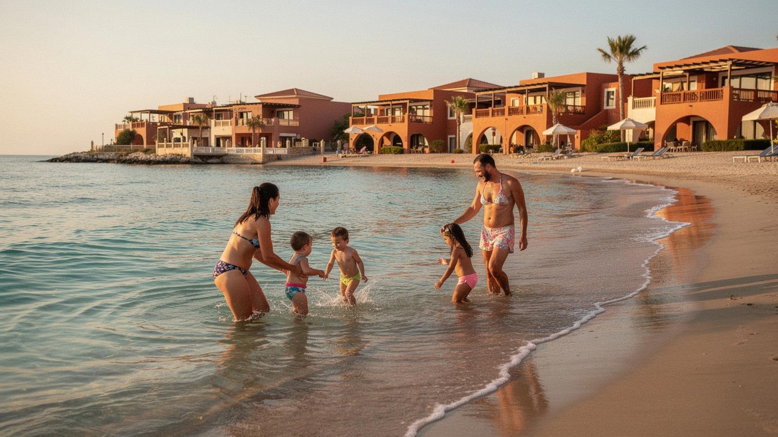 Families with young children in shallow water beside a beach resort
