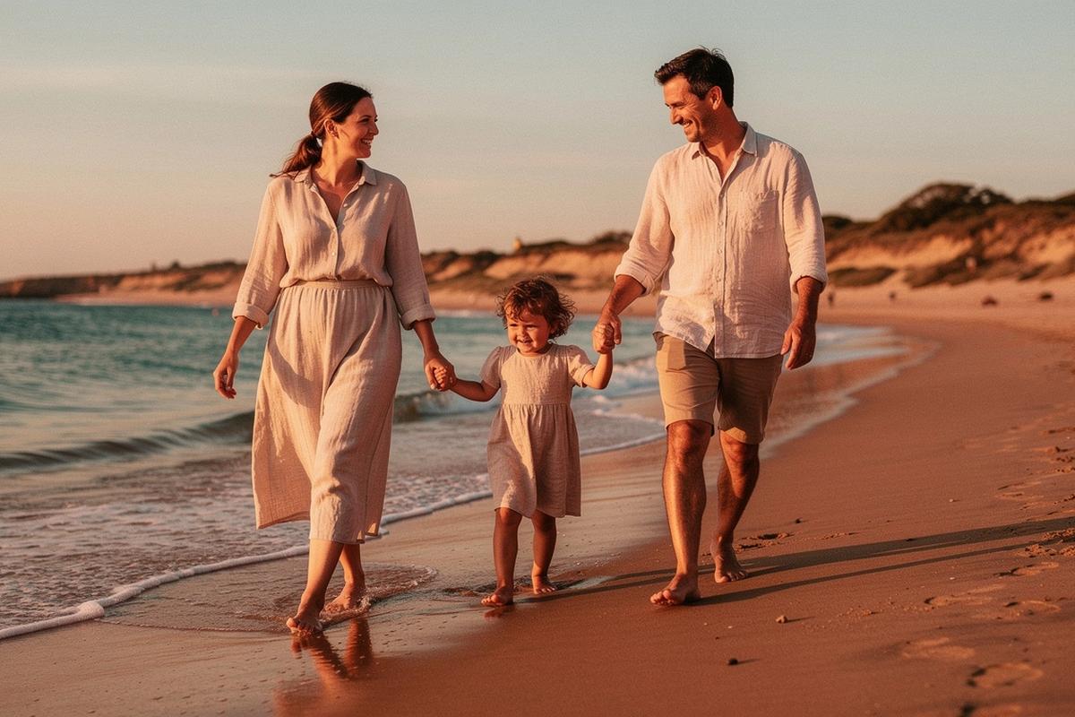 A family with young children walking along a calm sandy beach during golden hour