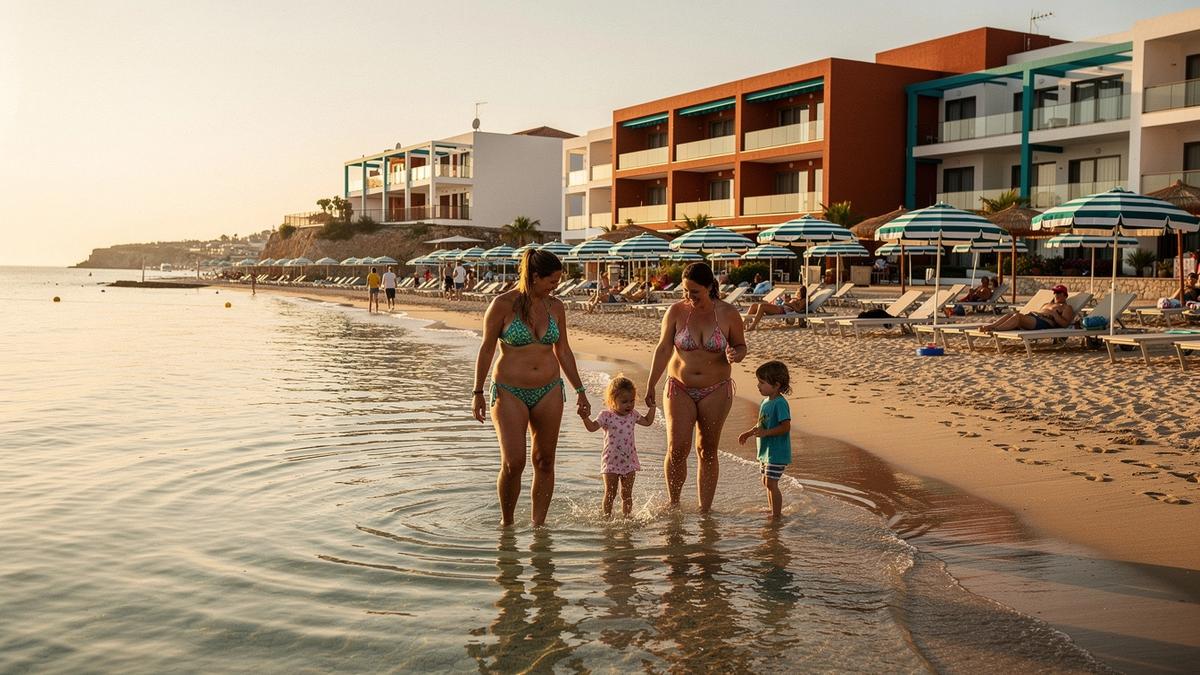 Parents and two children walking a resort beach path in Belek, Turkey, with sun loungers and palms behind them
