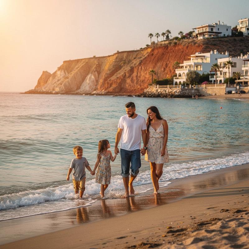 Family walking on a shallow sandy beach at sunset