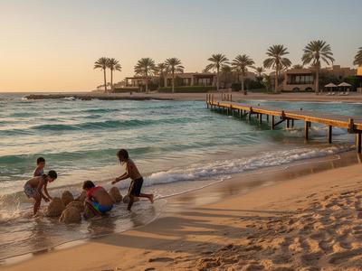 Shallow lagoon and palm beach at Hurghada resort