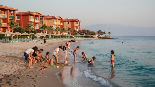 Sandy beach and shallow sea at a family resort in Antalya, Turkey