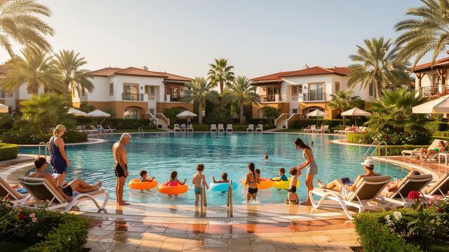 Family pool and palm gardens at a resort in Belek, Turkey
